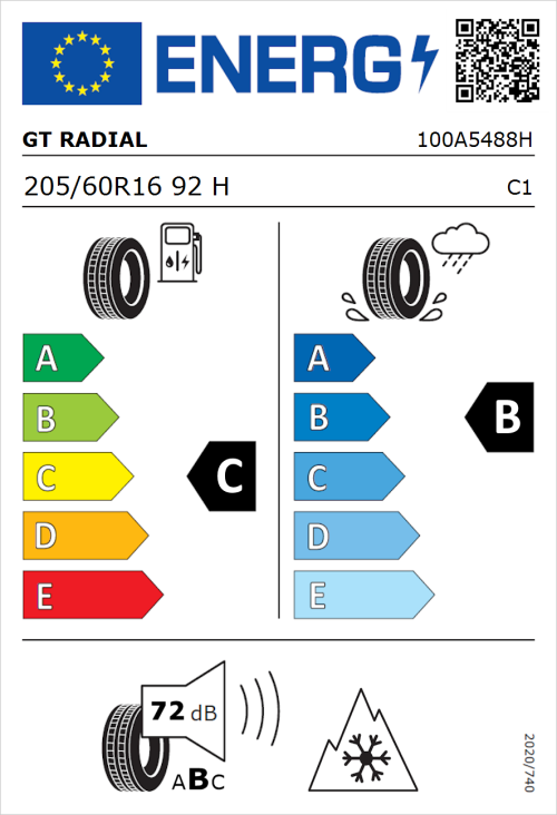Tyre Label for GT Radial 4Seasons 205/60R16 92H