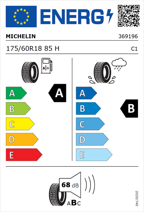 Tyre Label for Michelin e.primacy 175/60R18 85H