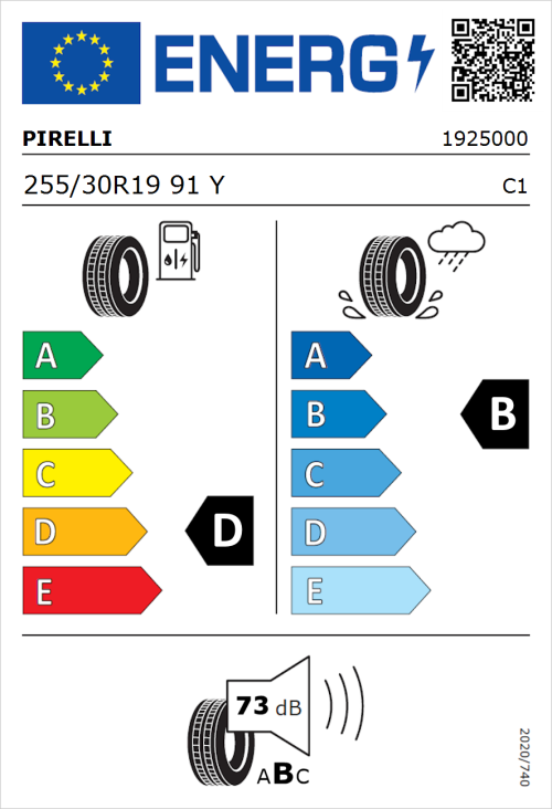 Tyre Label for Pirelli P ZERO Run Flat 255/30R19 91Y