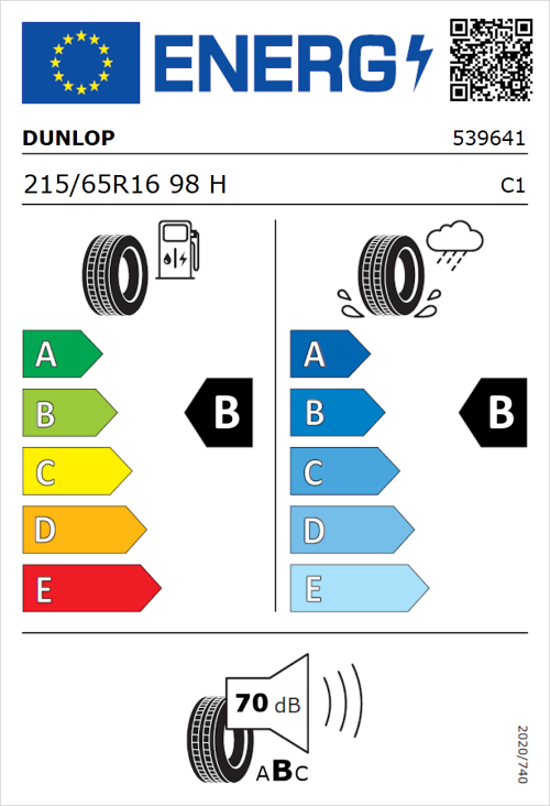 Tyre Label for Dunlop SP Sport FastResponse 215/65R16 98H