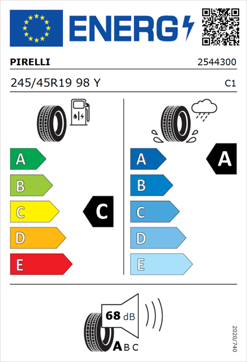 Tyre Label for Pirelli P ZERO Run Flat 245/45R19 98Y